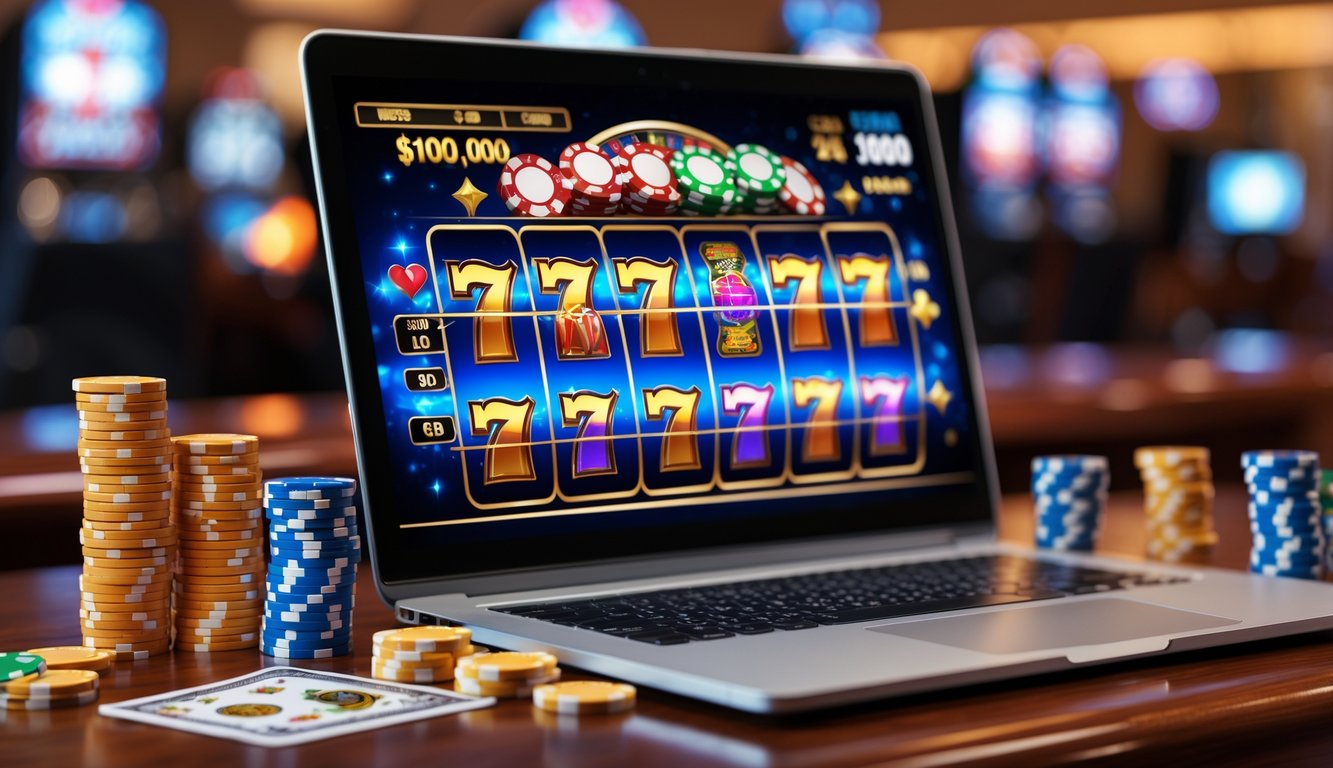 Seseorang menggunakan laptop dengan tampilan permainan slot Vegas online yang berwarna-warni di layar, dikelilingi oleh chip poker dan kartu remi di atas meja kayu.
