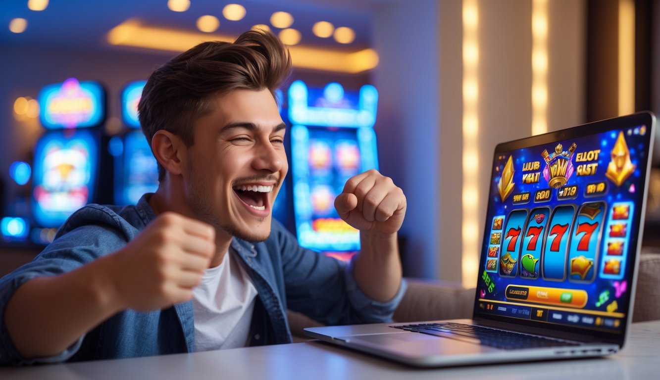 Seorang pria muda sedang bermain permainan slot online dengan ekspresi antusias di depan laptop di dalam ruangan modern.