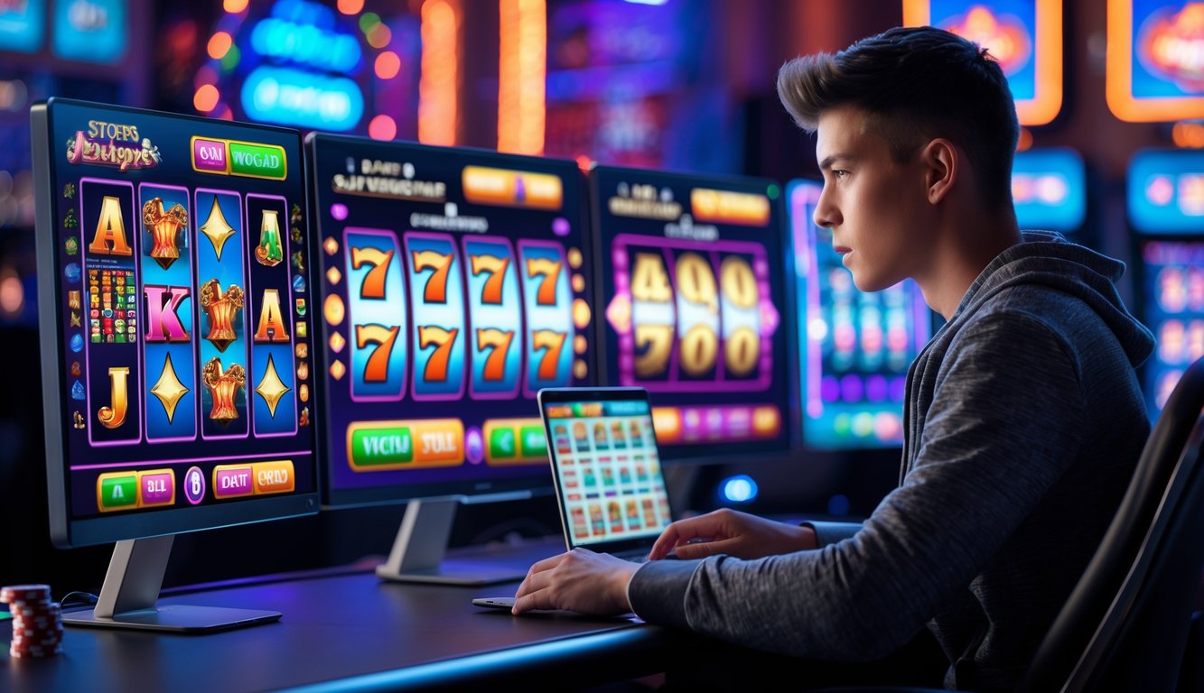 Seorang pemain muda fokus bermain mesin slot Vegas online di depan beberapa layar komputer dengan latar belakang elemen kasino.