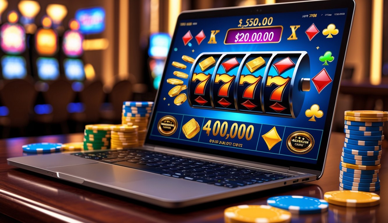 Seorang pemain sedang menggunakan komputer dengan tampilan permainan mesin slot Vegas online dan tumpukan chip poker di meja.