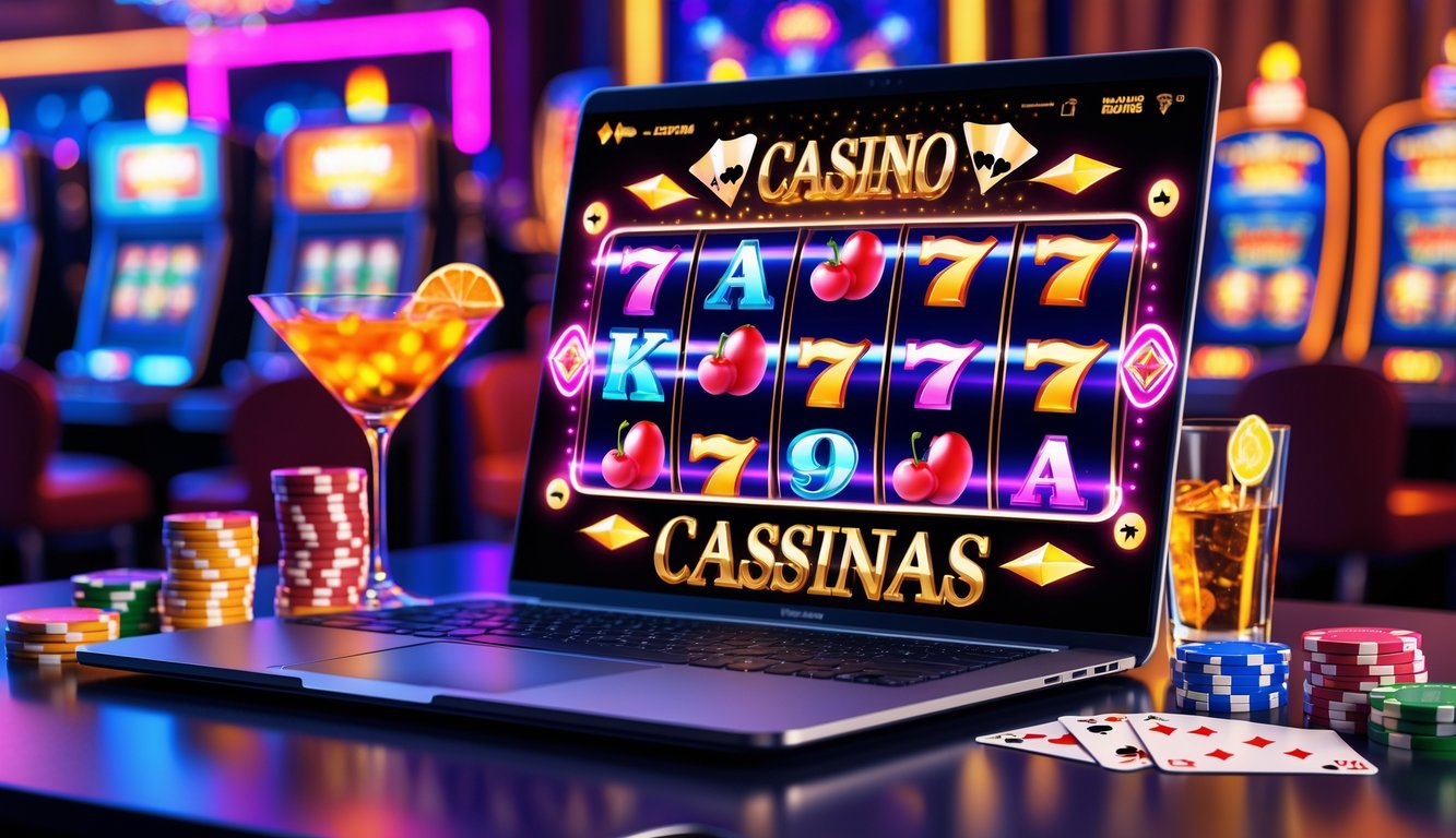 Seorang pemain menggunakan komputer dengan layar menampilkan mesin slot berwarna-warni di lingkungan kasino yang mewah dan terang.