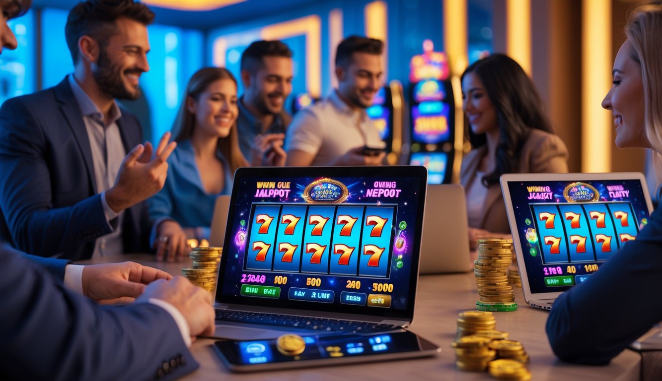 Orang-orang bermain mesin slot Vegas online dengan perangkat digital di ruangan modern, menunjukkan suasana kemenangan dan kegembiraan.