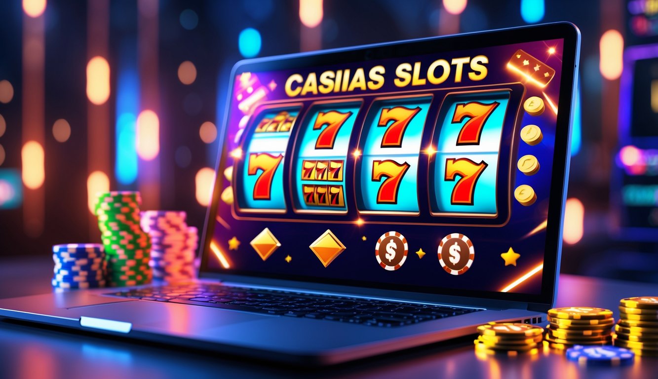 Seorang pemain sedang bermain mesin slot Vegas online di depan layar komputer dengan koin dan chip kasino di sekitarnya.