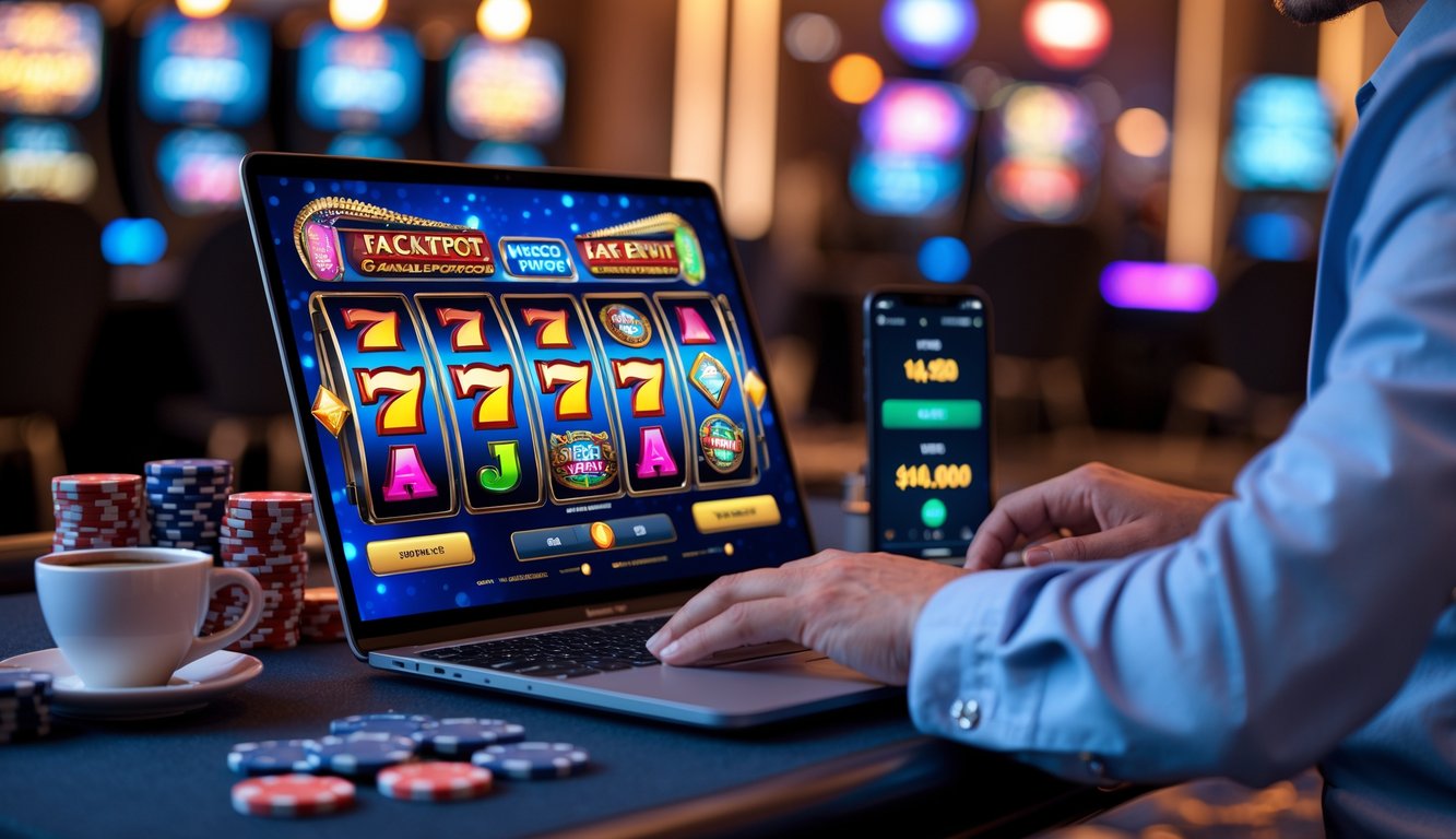 Seorang pria sedang bermain permainan slot online di laptop di sebuah ruangan dengan lampu hangat dan suasana kasino.