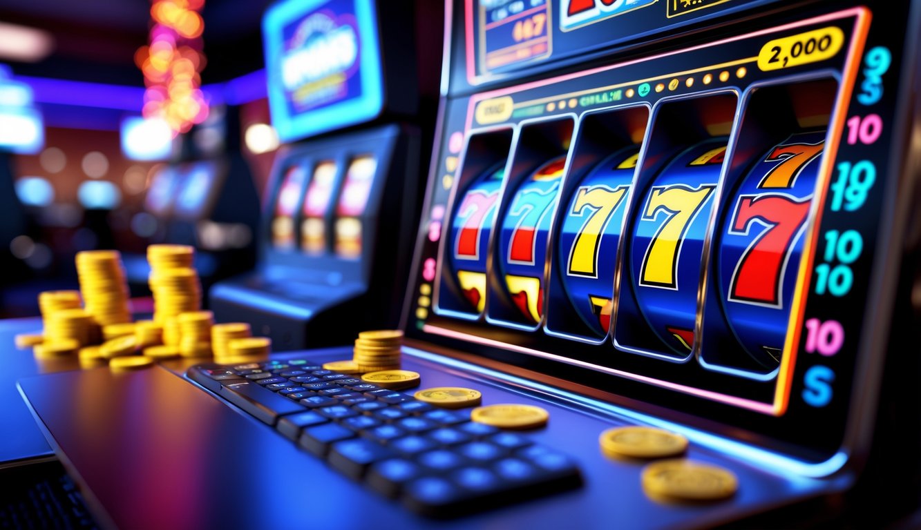 Mesin slot online berwarna-warni dengan simbol berputar dan koin yang jatuh, di depan layar perangkat digital yang menampilkan permainan slot.