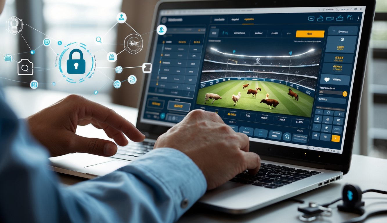 Seseorang menggunakan perangkat digital untuk memasang taruhan online sabung ayam dengan antarmuka taruhan yang modern dan aman.