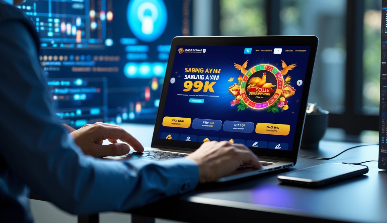 Seorang pengguna menggunakan laptop atau ponsel untuk memasang taruhan online Sabung Ayam dengan tampilan antarmuka digital yang modern dan aman.