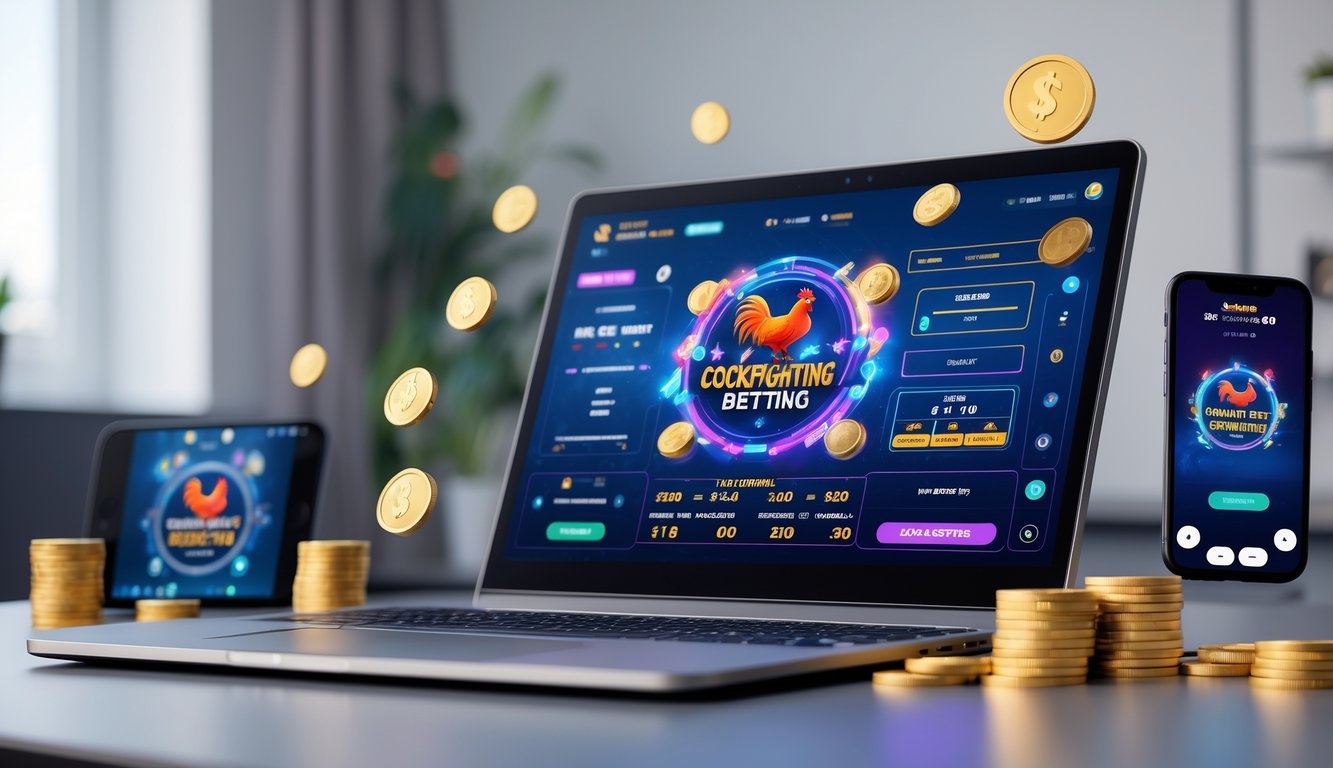 Seorang pengguna sedang bermain taruhan sabung ayam secara online di depan komputer dengan layar menampilkan antarmuka taruhan dan jackpot.