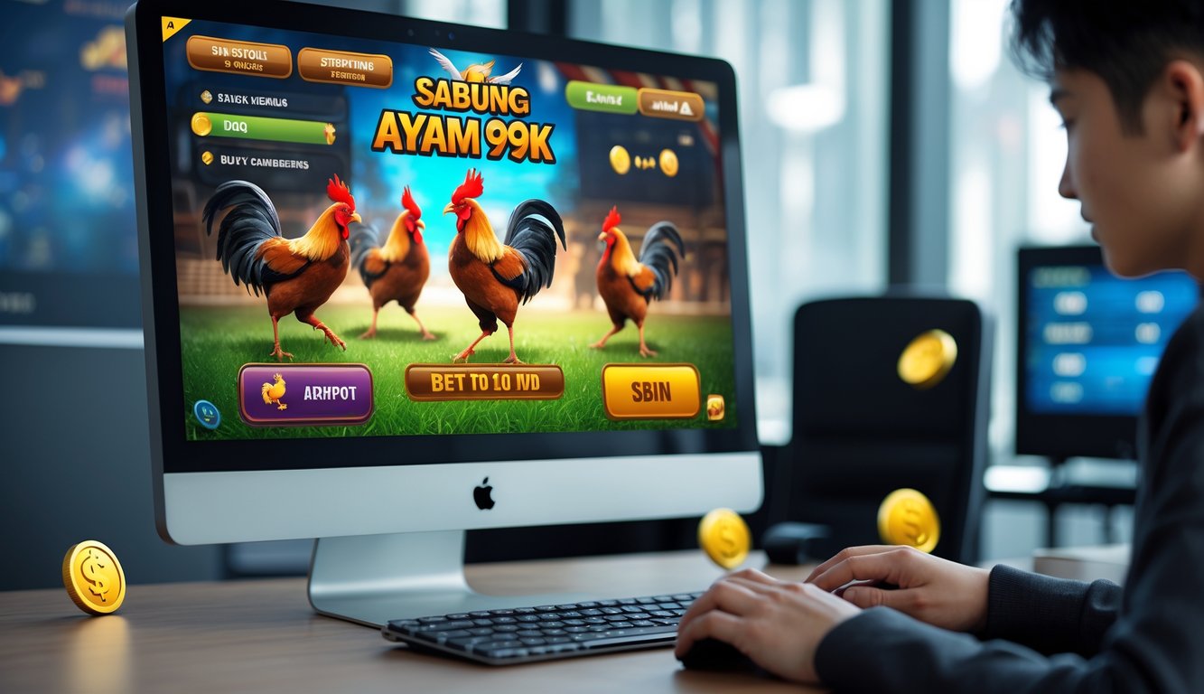 Seorang pemain menggunakan komputer untuk bermain permainan sabung ayam online dengan tampilan layar yang menampilkan ayam jago bertarung.