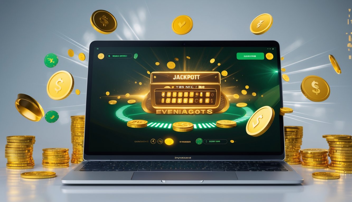 Layar perangkat digital menampilkan grafik jackpot yang meningkat dengan koin dan chip taruhan di sekitarnya.