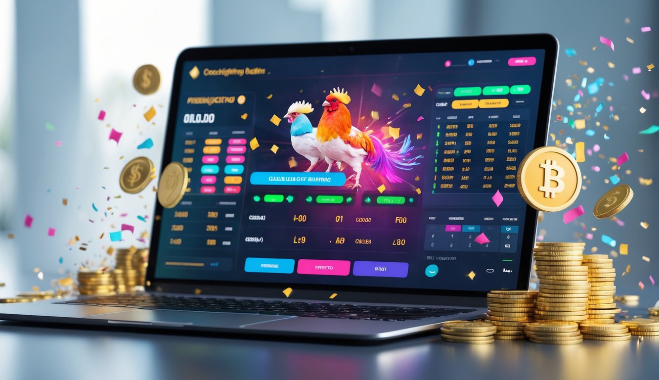 Seorang pria menggunakan laptop dengan tampilan situs taruhan online sabung ayam, dikelilingi koin emas dan suasana kemenangan.