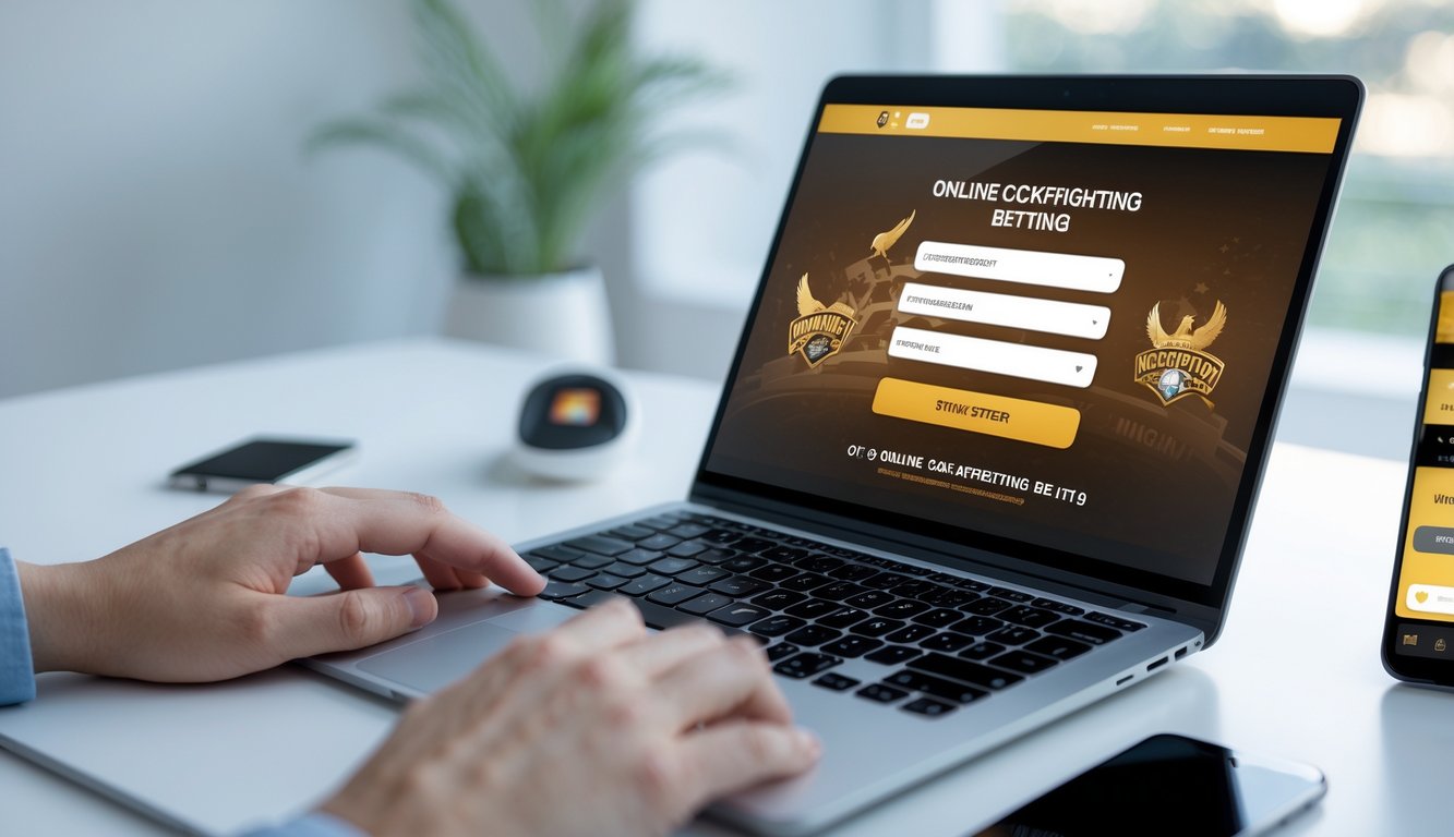 Seseorang menggunakan laptop dan ponsel untuk mendaftar dan bermain di platform taruhan online.