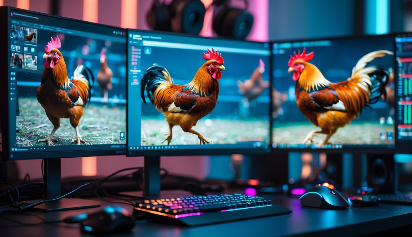 Seorang pria menonton pertandingan sabung ayam secara online di depan komputer dengan beberapa layar yang menampilkan streaming langsung pertandingan.