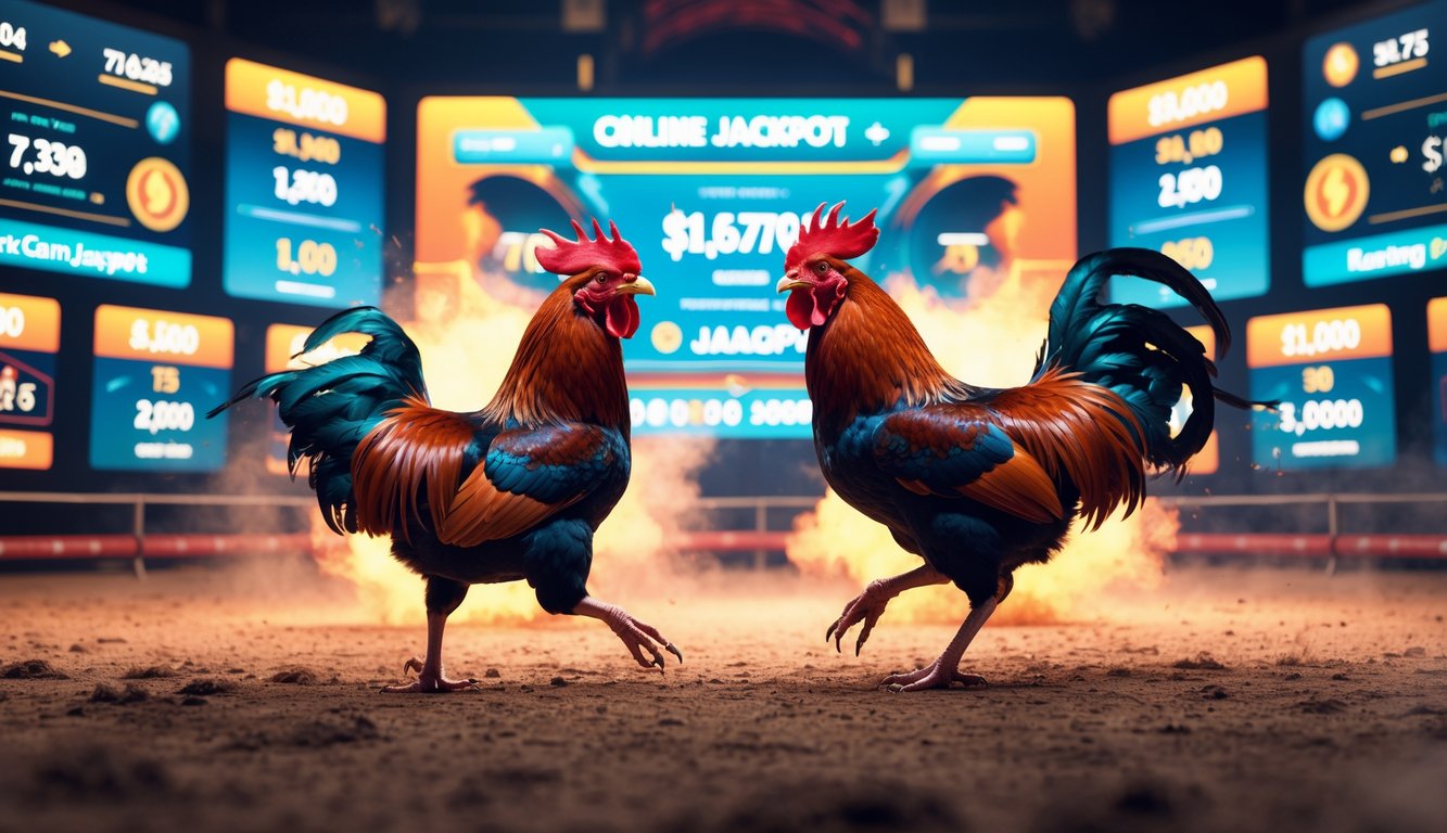 Dua ayam jago sedang bertarung di arena dengan latar belakang layar digital yang menampilkan statistik dan jackpot secara real-time.