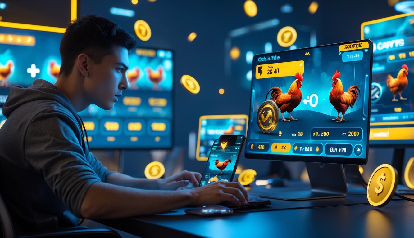 Seorang pemain muda fokus menggunakan laptop dan ponsel untuk bermain permainan sabung ayam online dengan layar yang menampilkan ayam jago dan taruhan.
