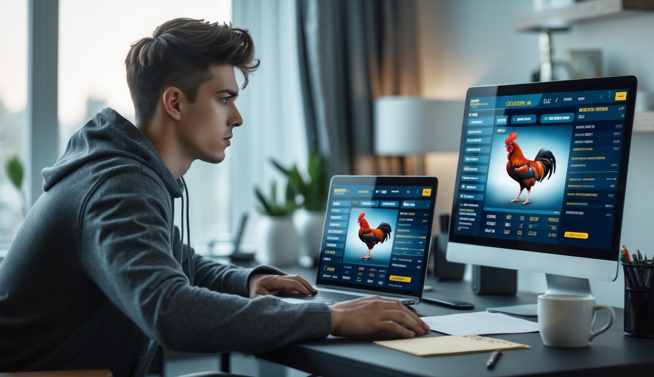 Seorang pria muda fokus menggunakan laptop dan ponsel di meja kerja dengan suasana kantor rumah yang rapi.