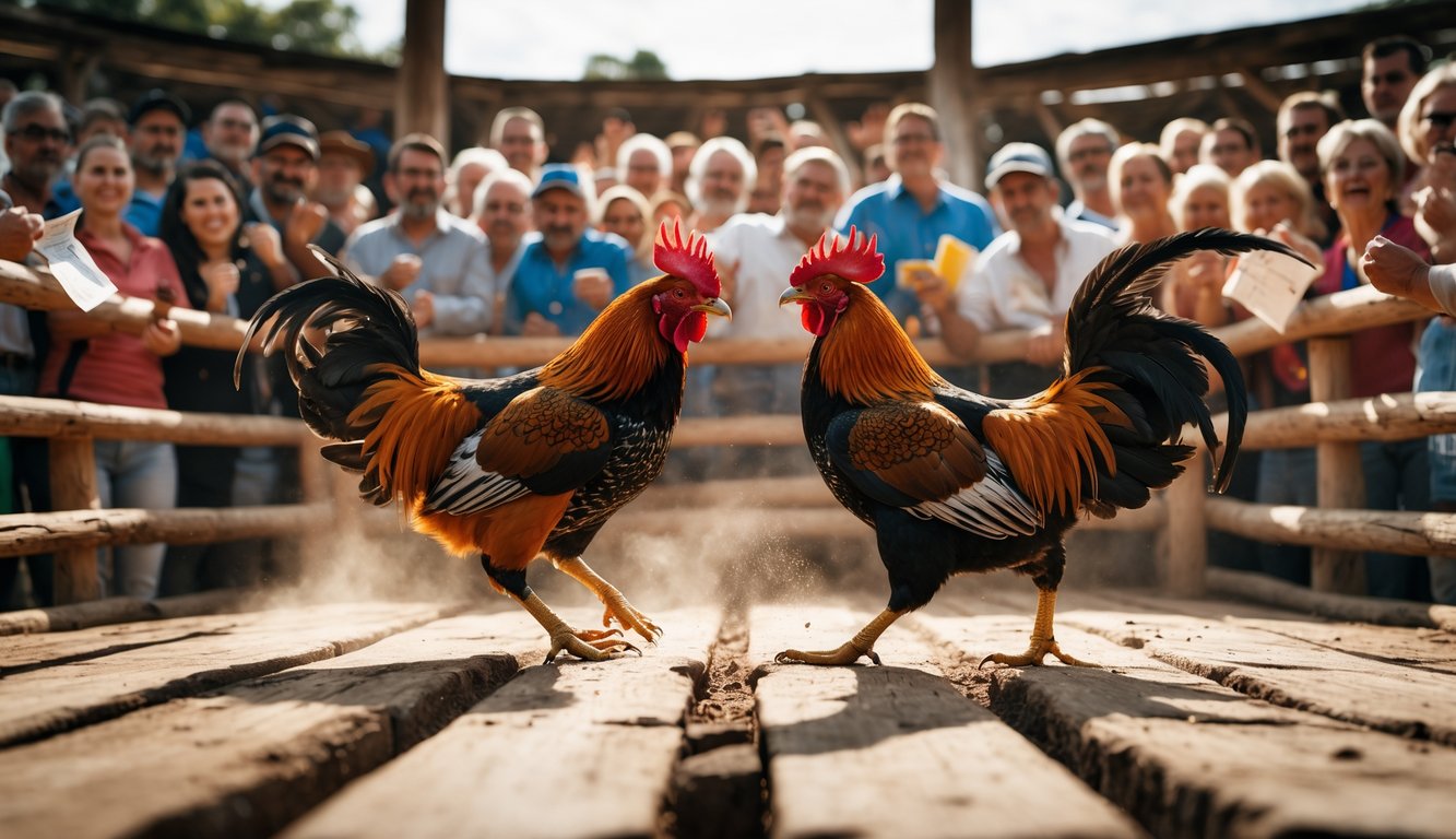 Dua ayam jago sedang bertarung di arena kayu dengan penonton yang antusias menyaksikan di latar belakang.