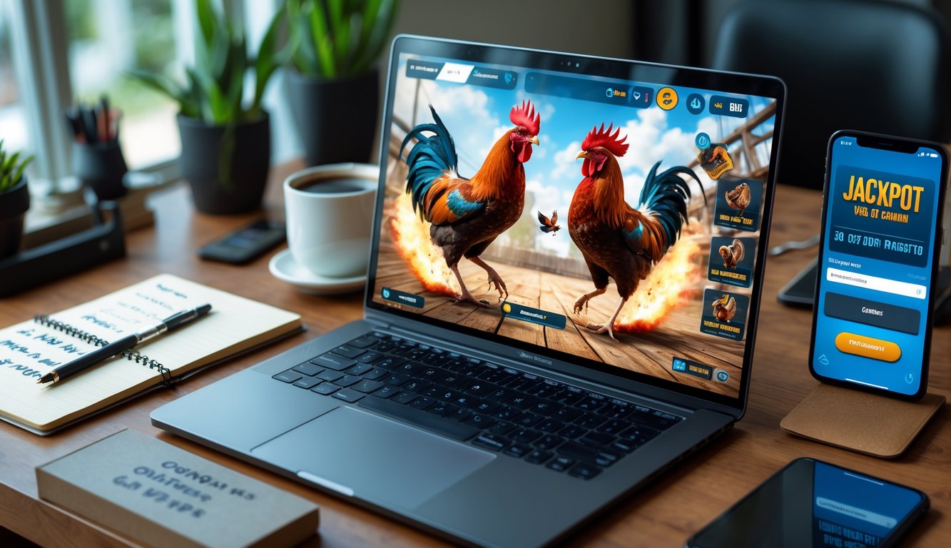 Seorang pria menggunakan laptop di meja kerja dengan permainan sabung ayam online yang sedang berlangsung di layar, dikelilingi oleh buku catatan, pena, dan ponsel dengan notifikasi jackpot.