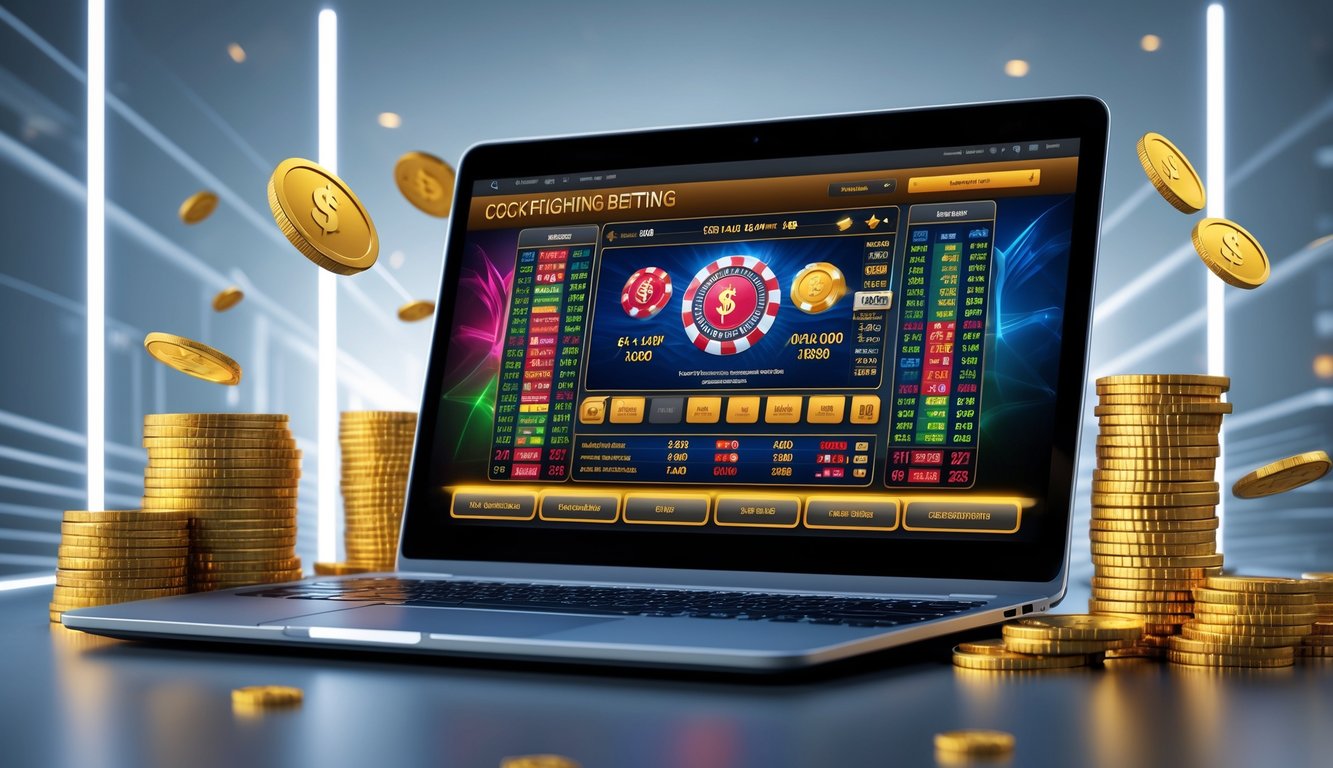 Seorang pria menggunakan laptop dengan tampilan situs taruhan online sabung ayam dan tumpukan chip kasino di meja.