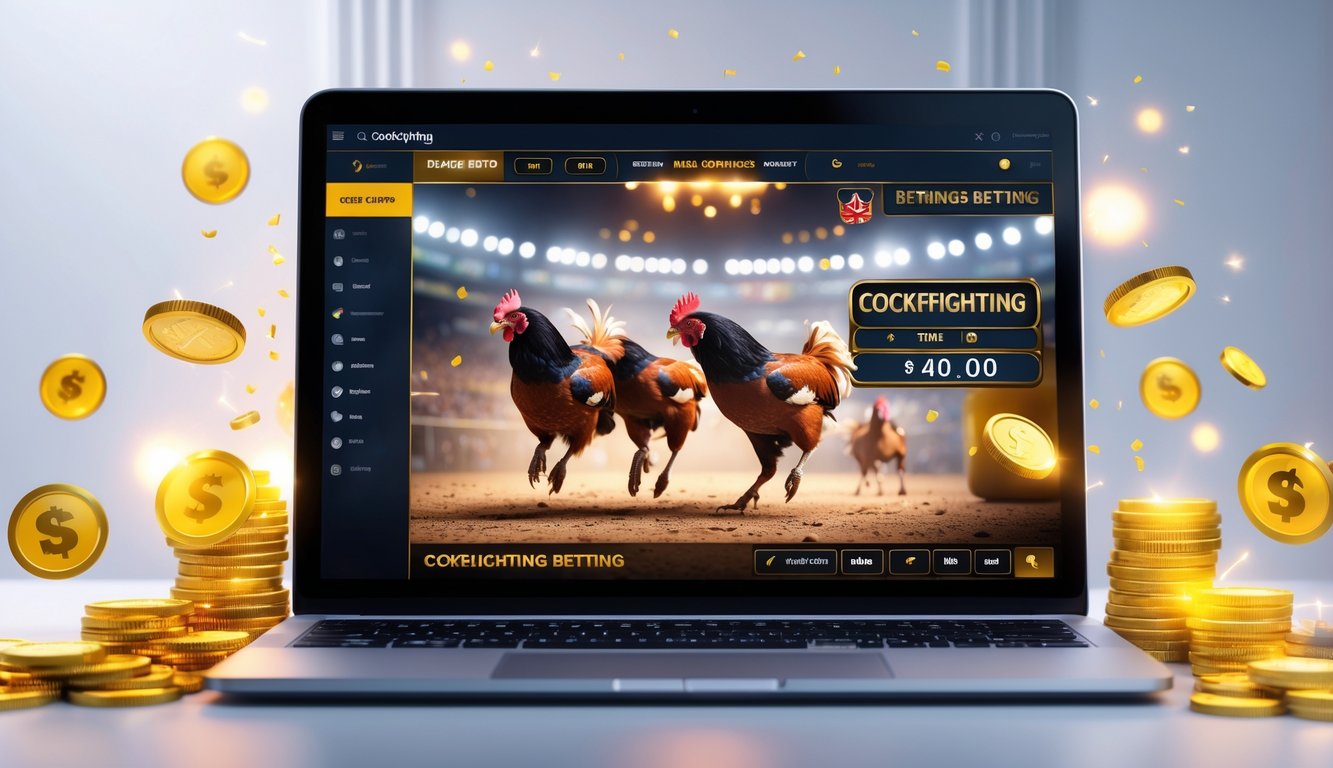 Seseorang menggunakan perangkat digital menonton pertandingan sabung ayam online dengan suasana taruhan dan jackpot yang menarik.