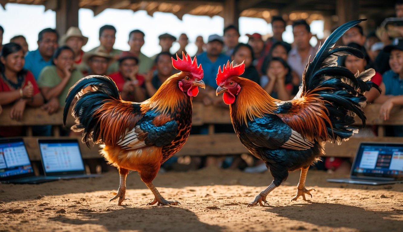 Dua ayam jago sedang bertarung di arena dengan penonton yang antusias mengamati dari dekat.
