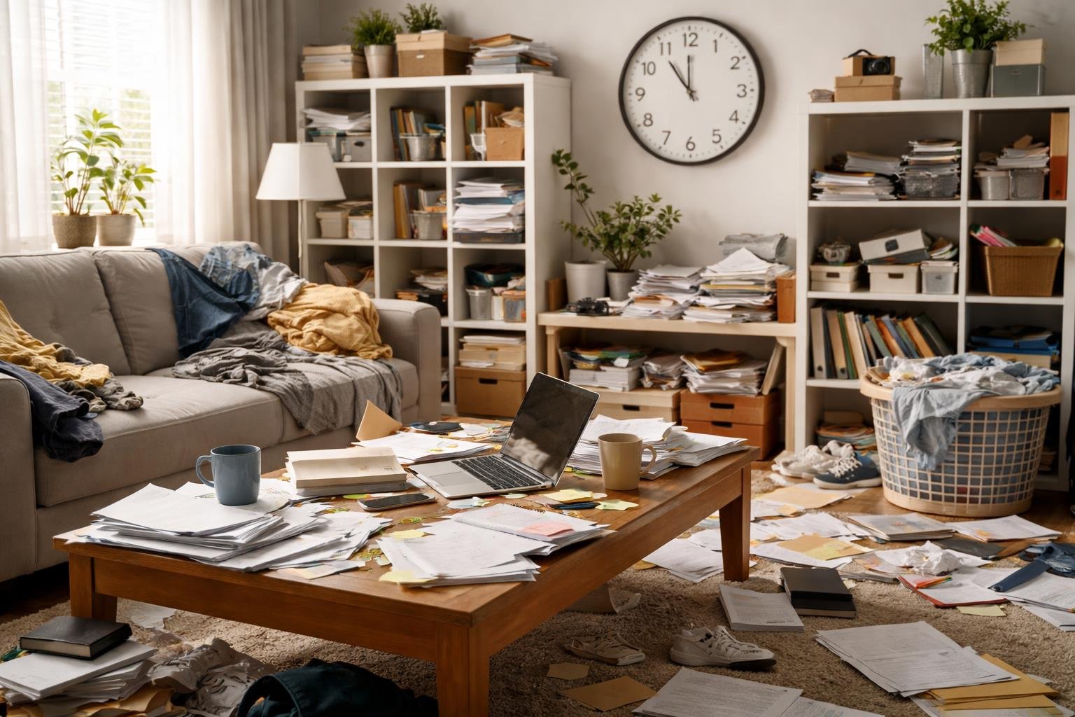 A cluttered home interior with scattered items and a clock in the background showing disorganization and lost time.