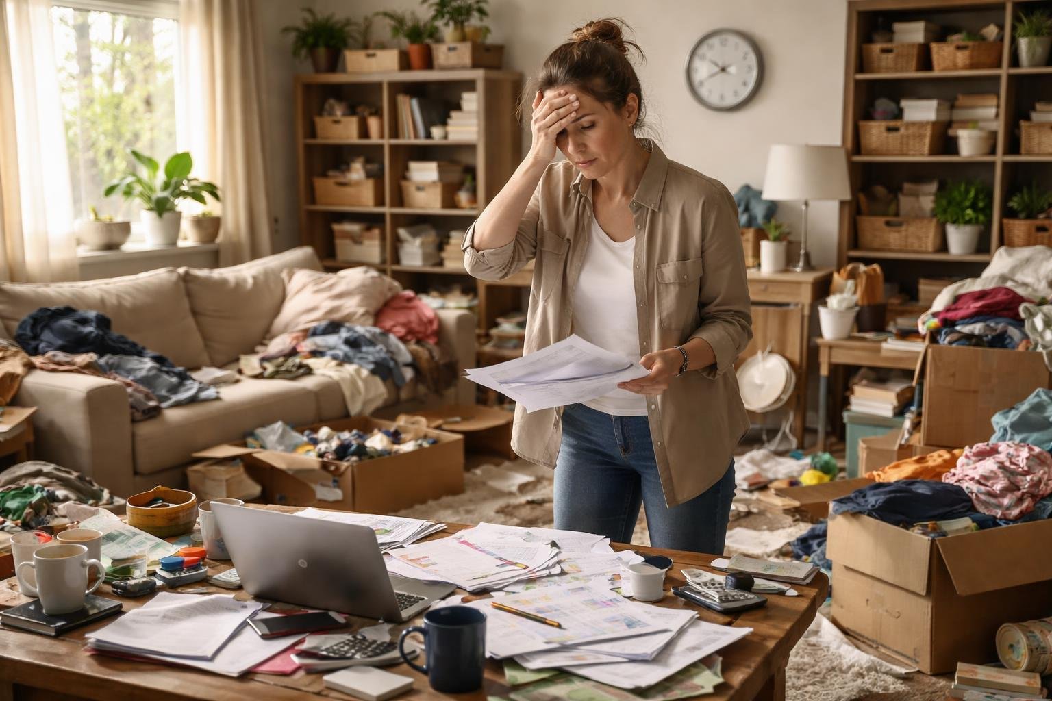 A cluttered living room with scattered items and a stressed adult searching through the mess.