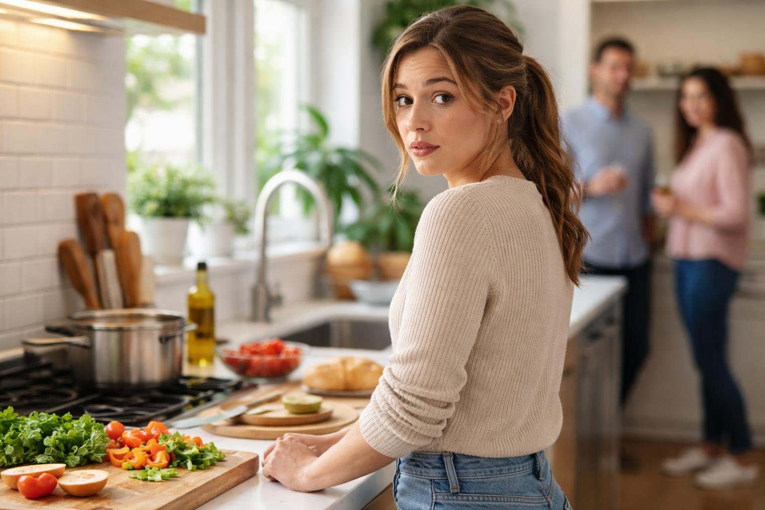 A person standing in a modern kitchen looking thoughtful while a few guests observe from a distance.