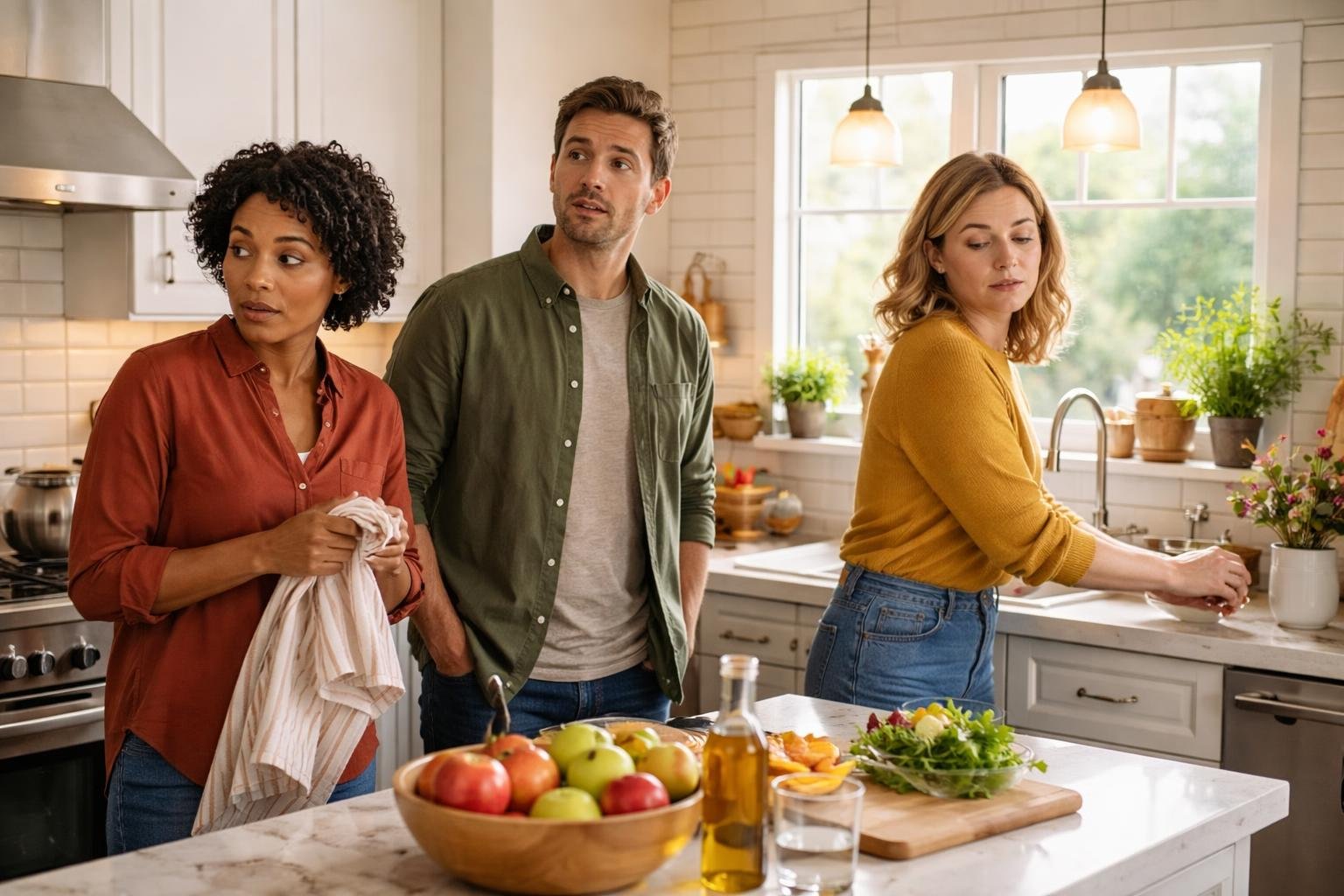 Three adults in a modern kitchen showing subtle signs of self-consciousness while interacting near the kitchen island.