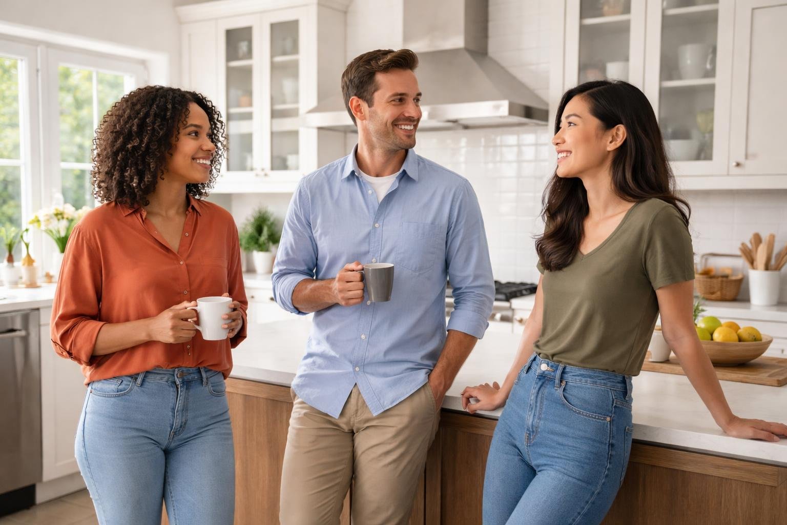 Three adults talking and smiling together in a bright, modern kitchen.