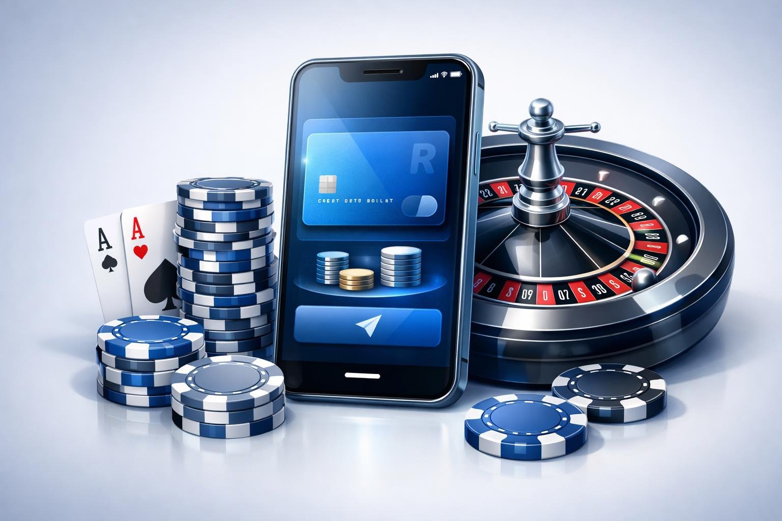 A Smartphone Showing A Digital Wallet With Revolut Logo Surrounded By Poker Chips, Playing Cards, And A Roulette Wheel.