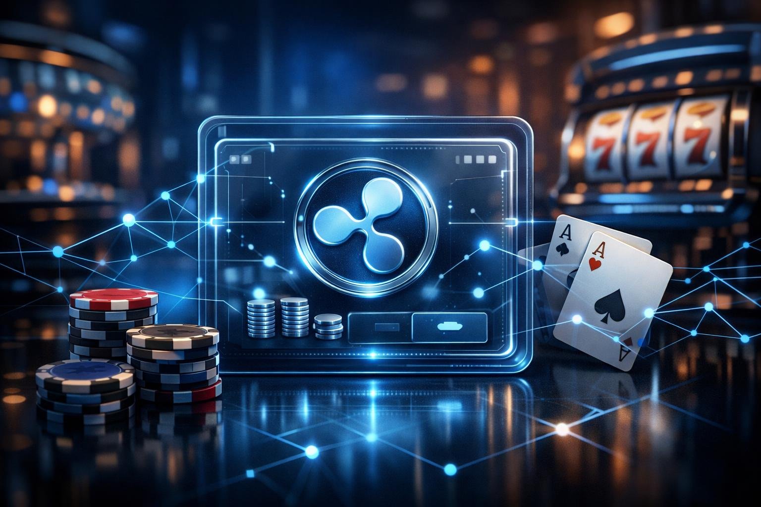 A Digital Wallet With The Ripple Logo Surrounded By Casino Elements Like Poker Chips And Playing Cards Connected By Network Lines In A Modern Casino Setting.
