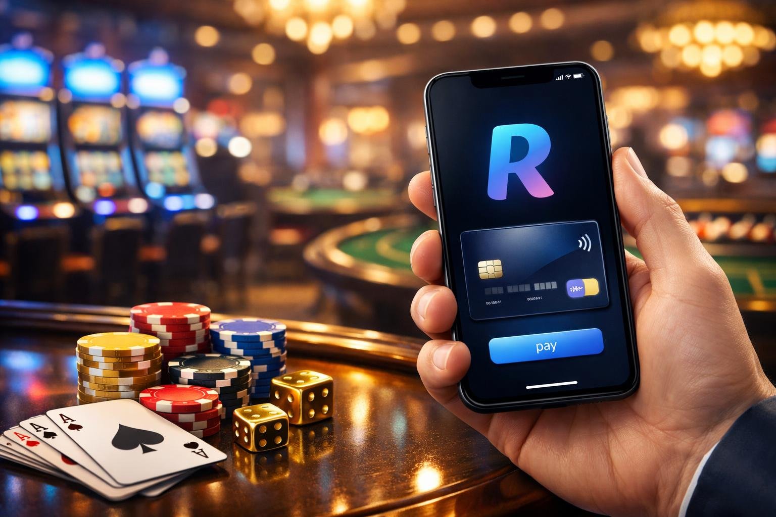 A Hand Holding A Smartphone Showing A Digital Payment App Near Casino Chips And Playing Cards Inside A Casino.