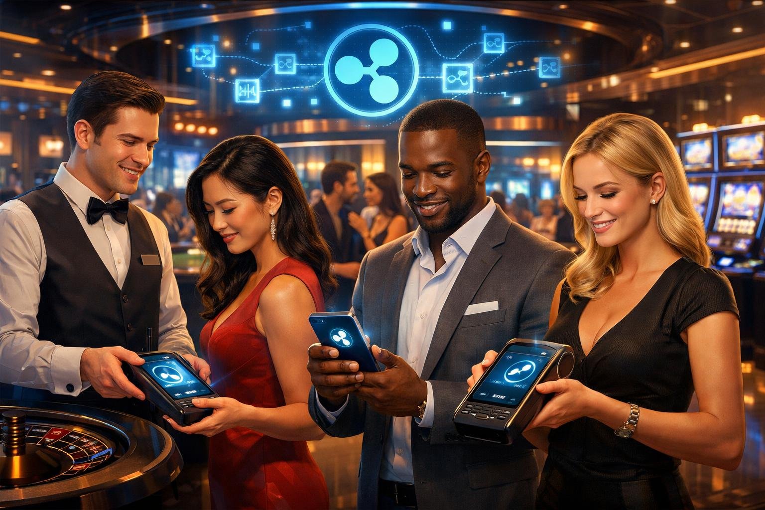 A Casino Interior Showing People Using Digital Payment Devices With Glowing Ripple Symbols, Highlighting A Seamless And Secure Transaction Process.