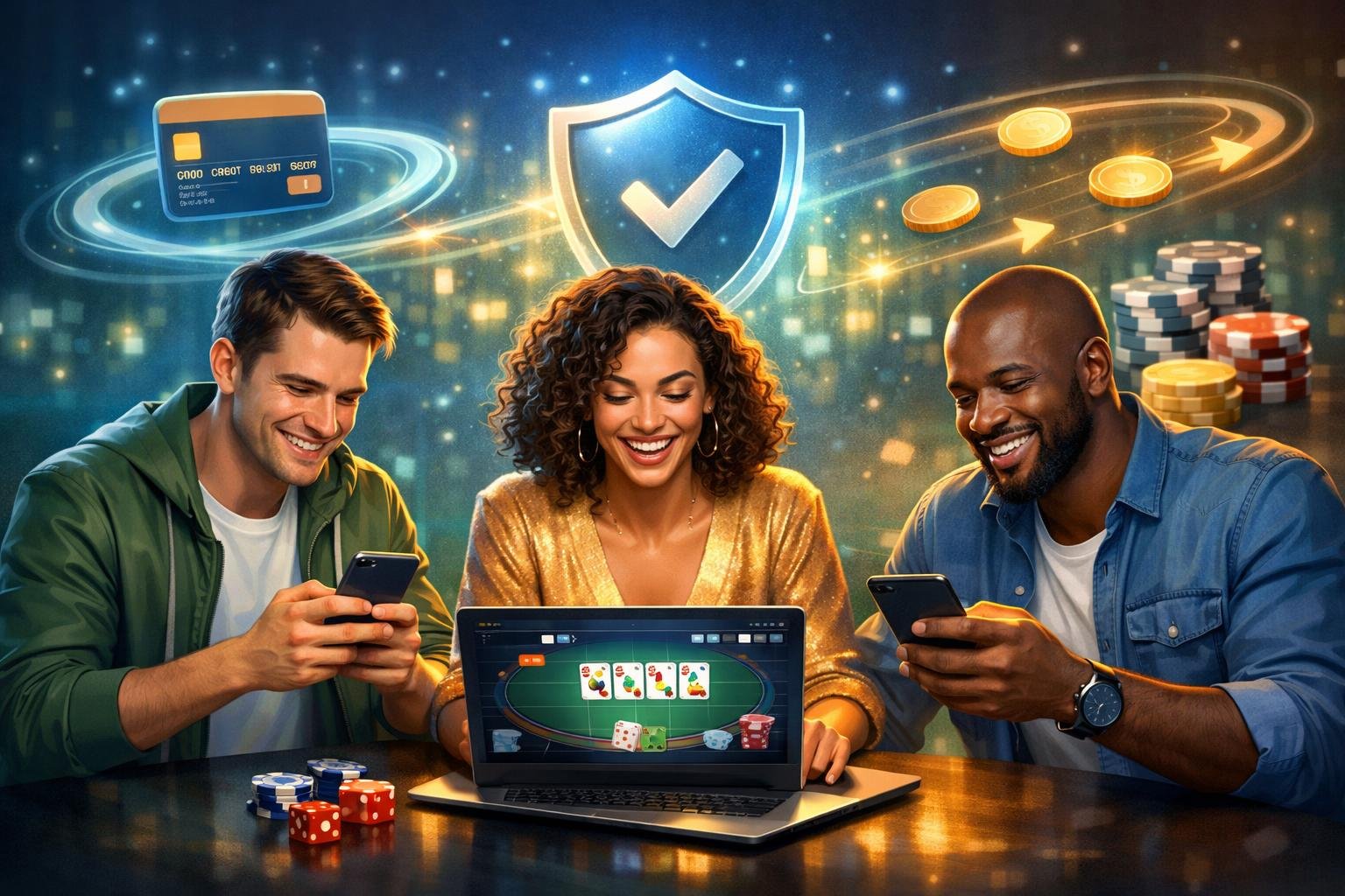 A Diverse Group Of Players Using Digital Devices To Access An Online Casino, Surrounded By Symbols Representing Secure And Fast Payments.