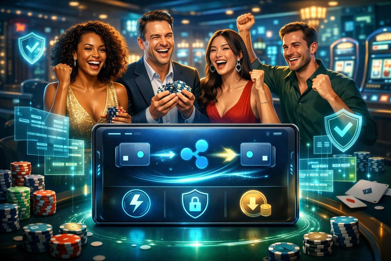 A Group Of Casino Players Celebrating Their Winnings With A Digital Wallet Showing Fast And Secure Transactions, Surrounded By Casino Elements Like Slot Machines And Poker Chips.