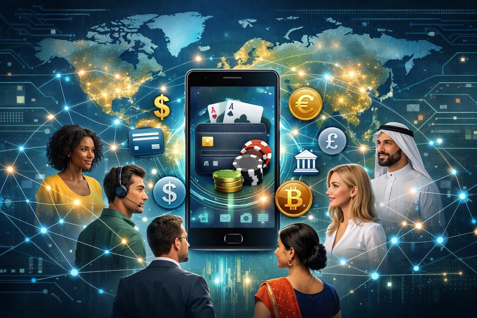 A Scene Showing A Smartphone With A Digital Wallet Connected To People Around The World Through Glowing Lines Over A World Map, Representing Global Payment Connectivity.
