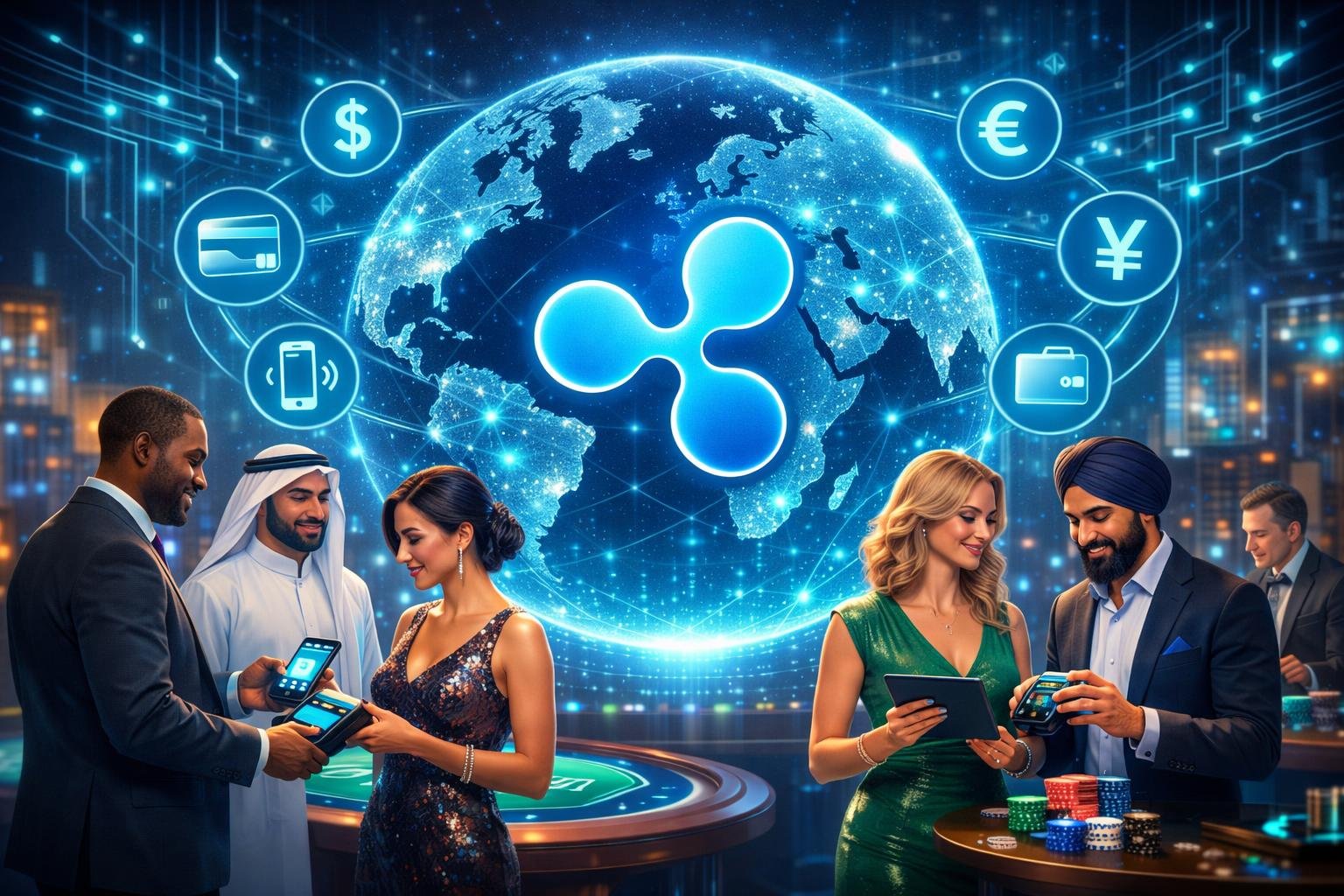 A Diverse Group Of People Using Digital Payment Devices Connected By A Glowing Ripple Logo Over A Global Network Map, Symbolizing Worldwide Payment Compatibility.