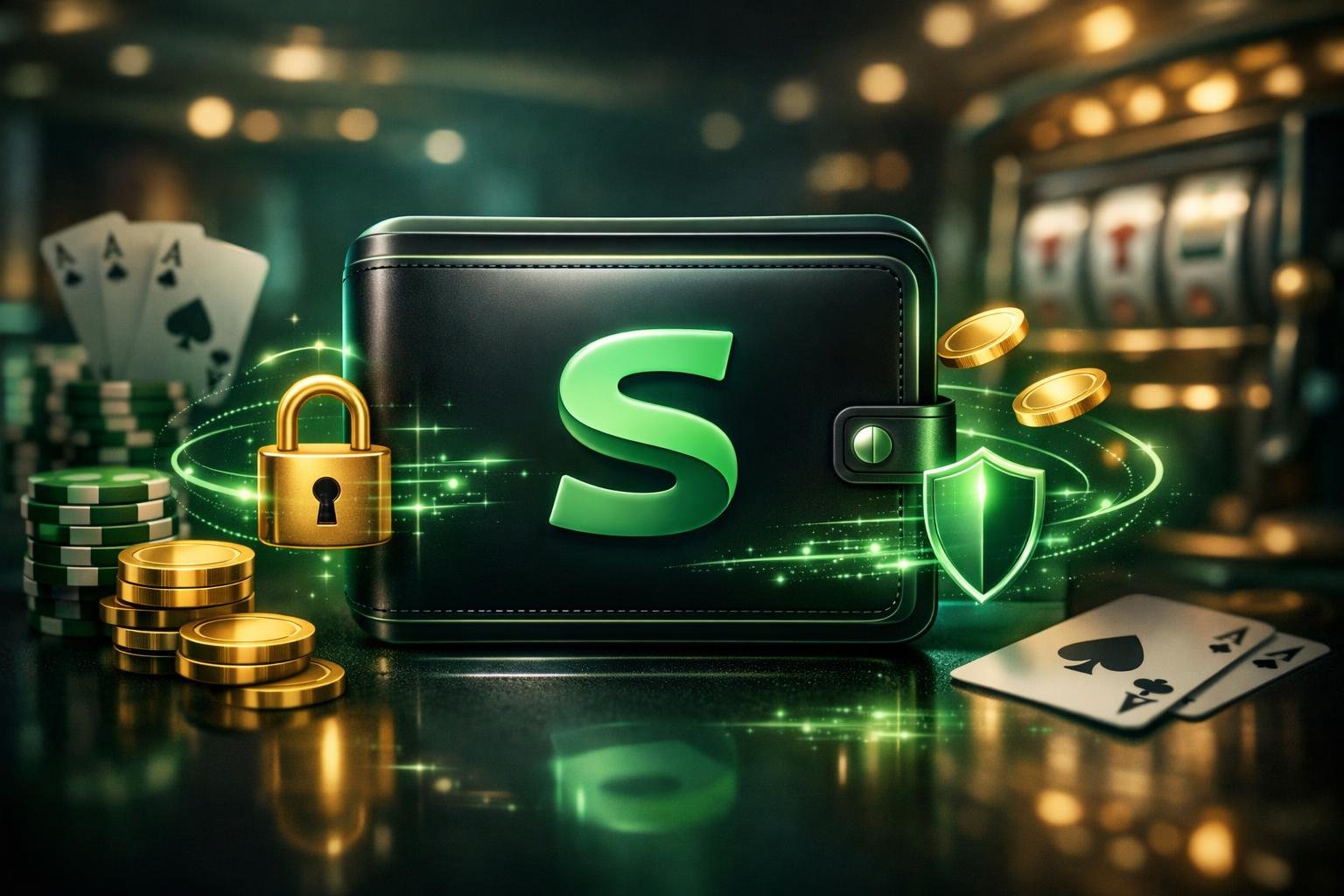 A Digital Wallet Featuring The Skrill Logo Surrounded By Casino Elements Like Poker Chips And Playing Cards, Representing A Secure Online Payment Method For Casino Transactions.