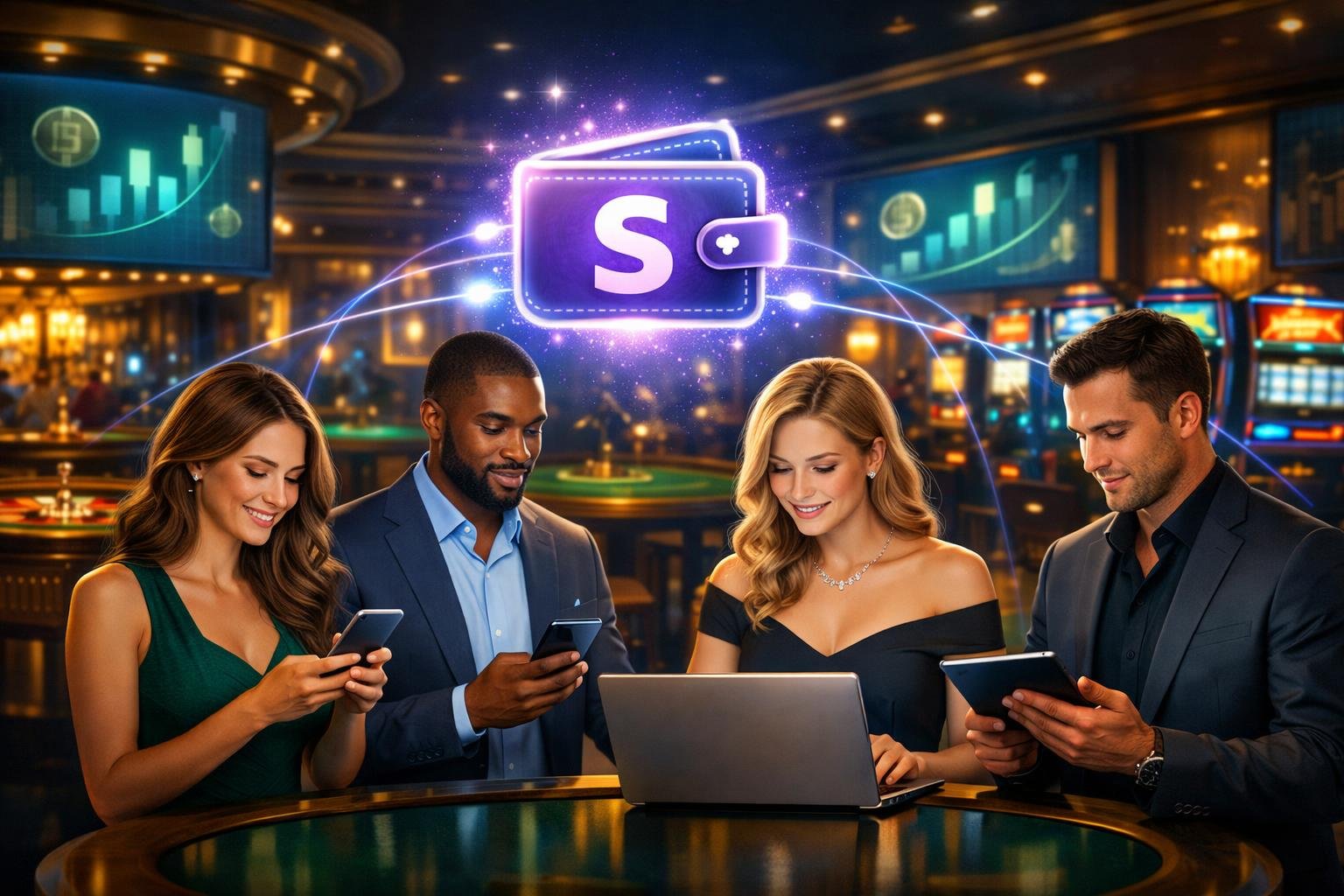 People Using Digital Devices To Make Secure Payments Inside A Lively Casino Setting With Gaming Tables And Slot Machines.