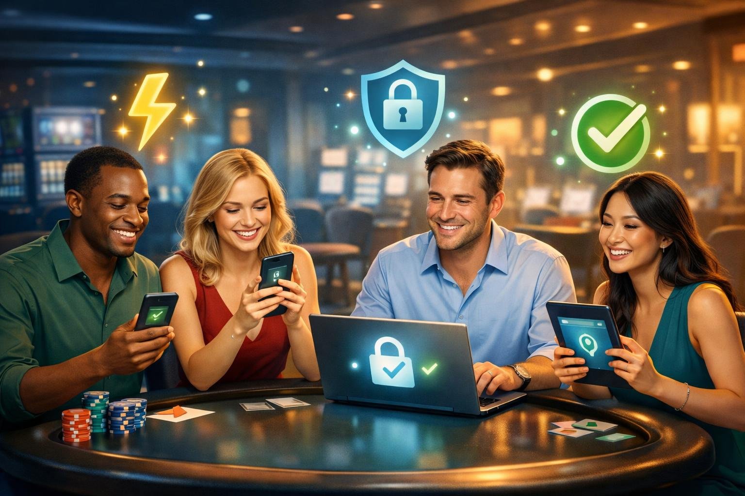 A Group Of Happy Casino Players Using Digital Devices To Make Fast And Secure Payments In A Modern Casino Setting.