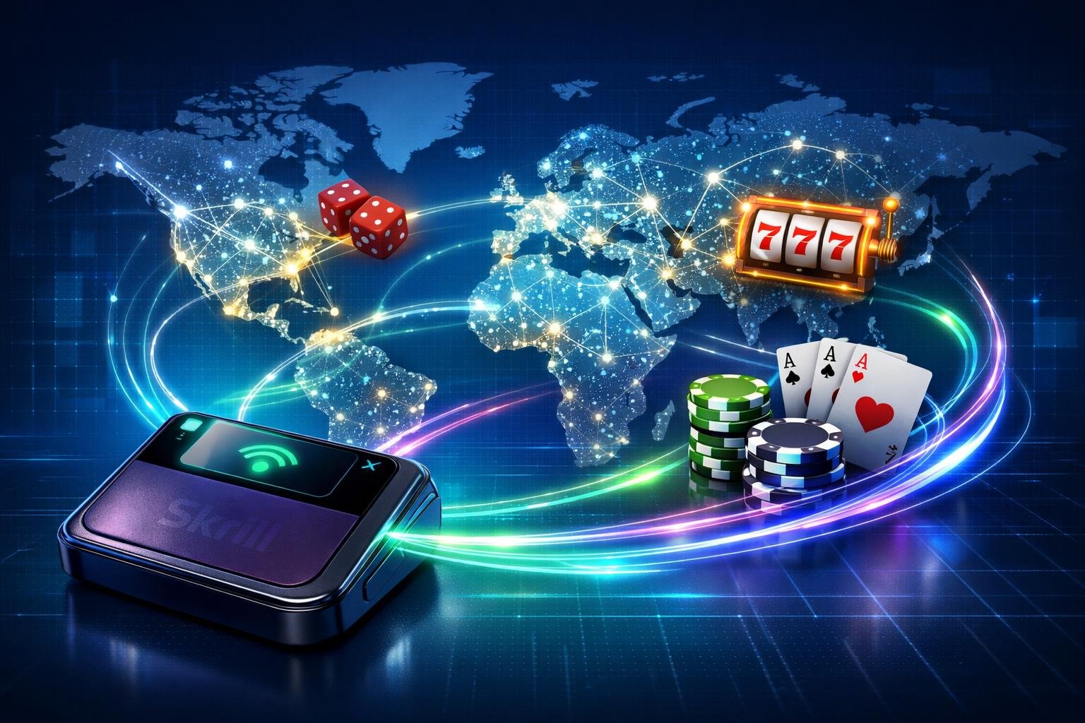 A World Map With Glowing Lines Connecting Various Casino Icons To A Digital Wallet, Illustrating Global Payment Connectivity.