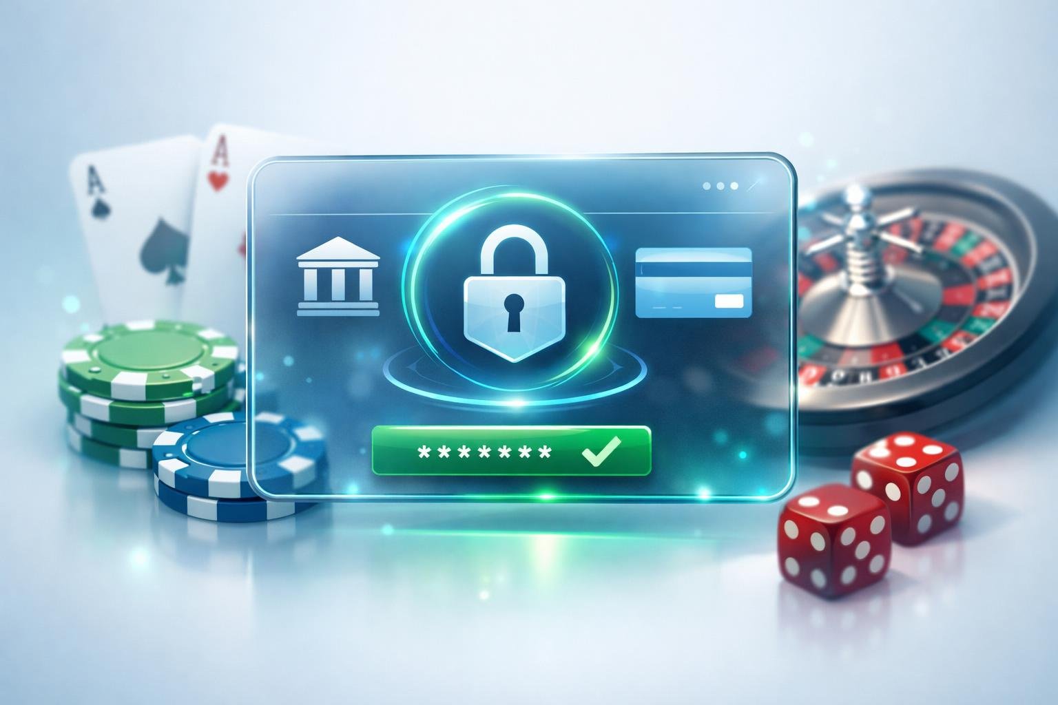 A Digital Payment Interface With Casino Elements Like Poker Chips, Cards, And A Roulette Wheel In The Background, Illustrating A Secure Online Casino Payment.