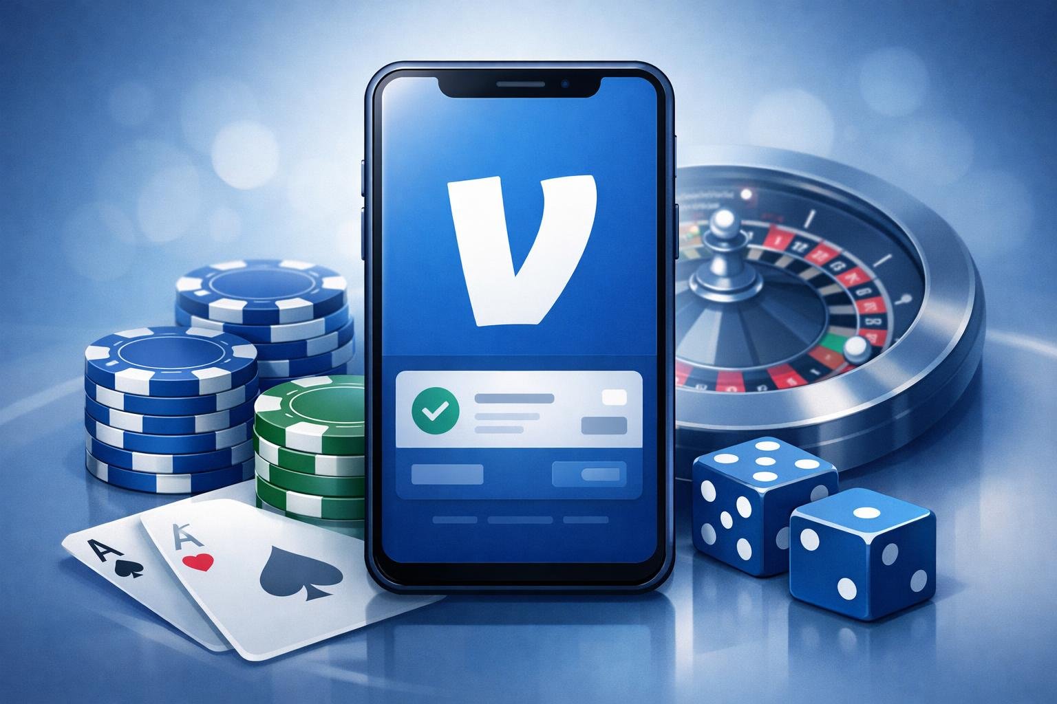 A Smartphone Displaying A Digital Wallet With The Venmo Logo, Surrounded By Casino Elements Like Poker Chips, Playing Cards, And A Roulette Wheel.