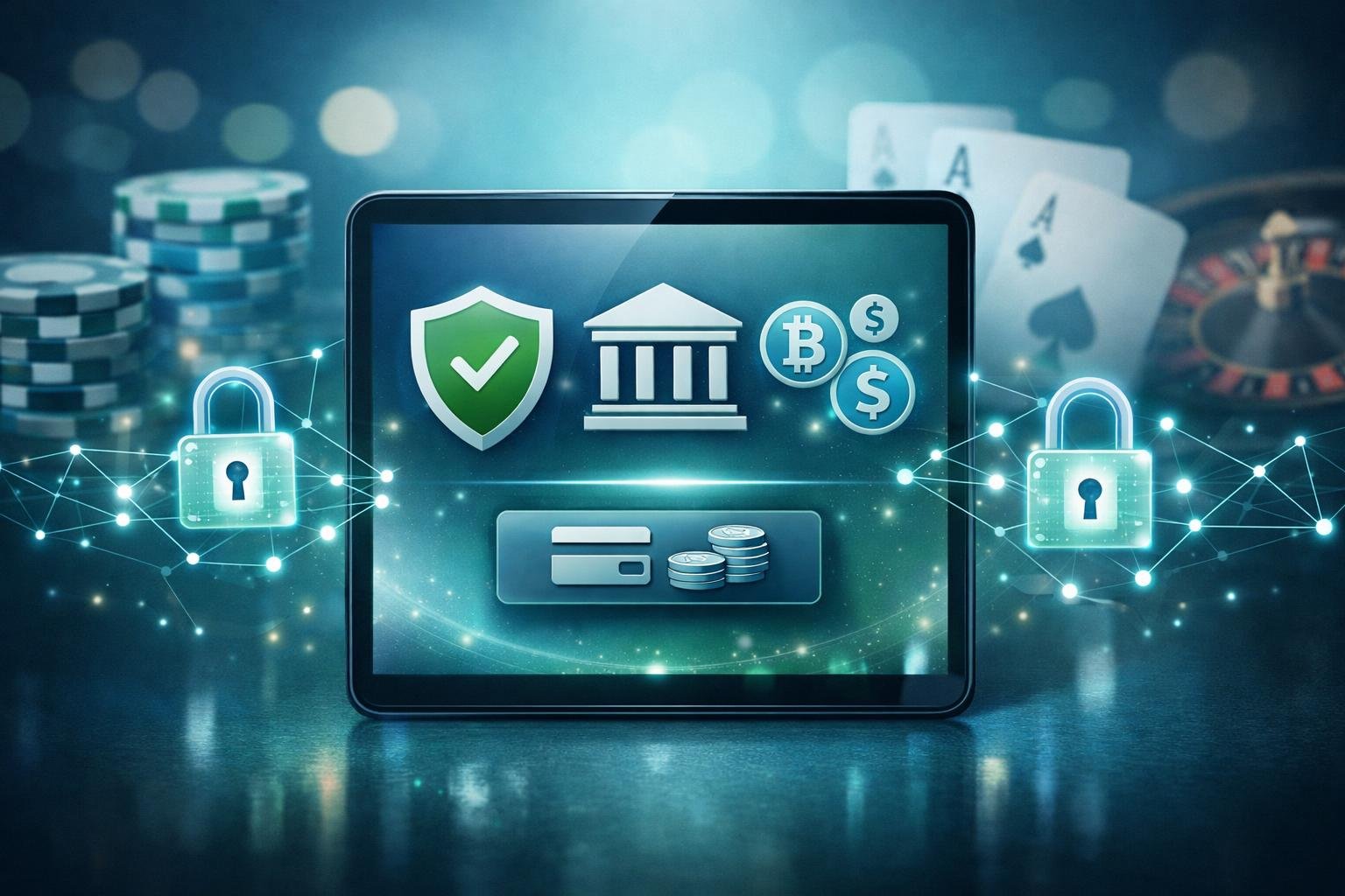 A Digital Payment Interface On A Smartphone Surrounded By Icons Representing Security And Trust, Set Against A Blurred Casino Background With Poker Chips And Cards.