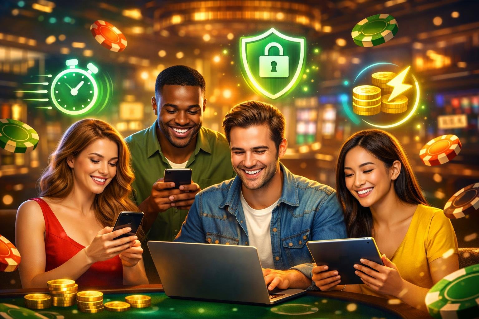 A Group Of Happy Casino Players Using Digital Devices Surrounded By Icons Representing Fast, Secure, And Instant Payments.