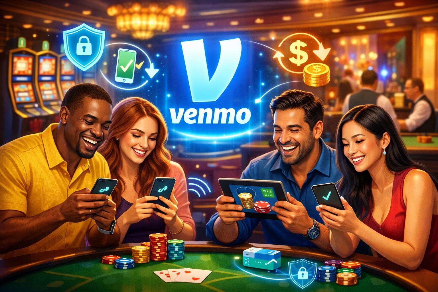 A Group Of Diverse Casino Players Happily Using Smartphones And Tablets In A Casino Setting With Slot Machines And Card Tables In The Background.