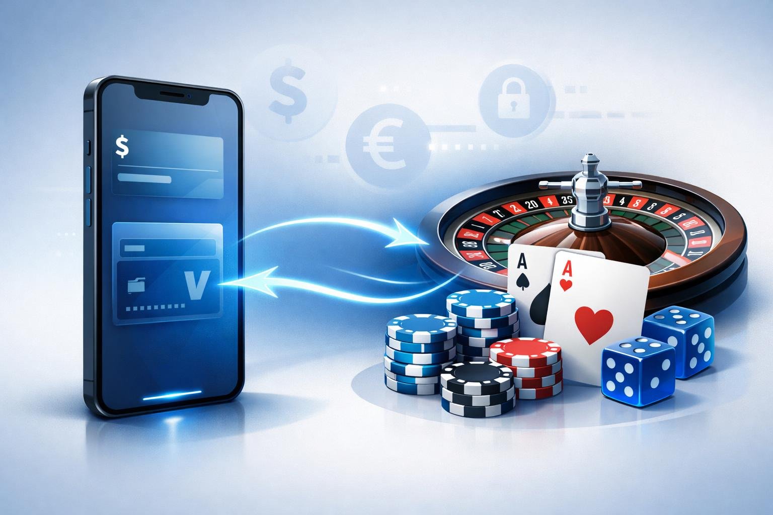 A Smartphone Showing A Digital Wallet Connected By Glowing Lines To Casino Elements Like Poker Chips, Cards, And A Roulette Wheel, Representing A Payment Method For Casino Activities.
