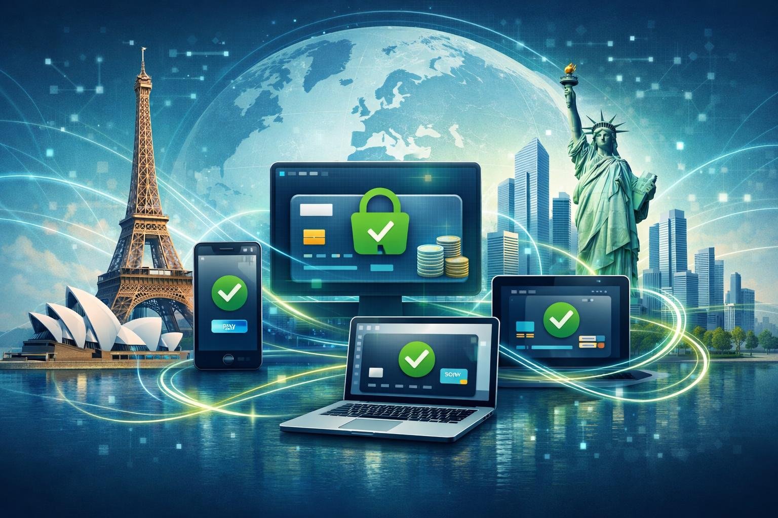 Digital Payment Interface Connected To Global Landmarks And Multiple Devices, Illustrating Worldwide Compatibility And Secure Transactions.