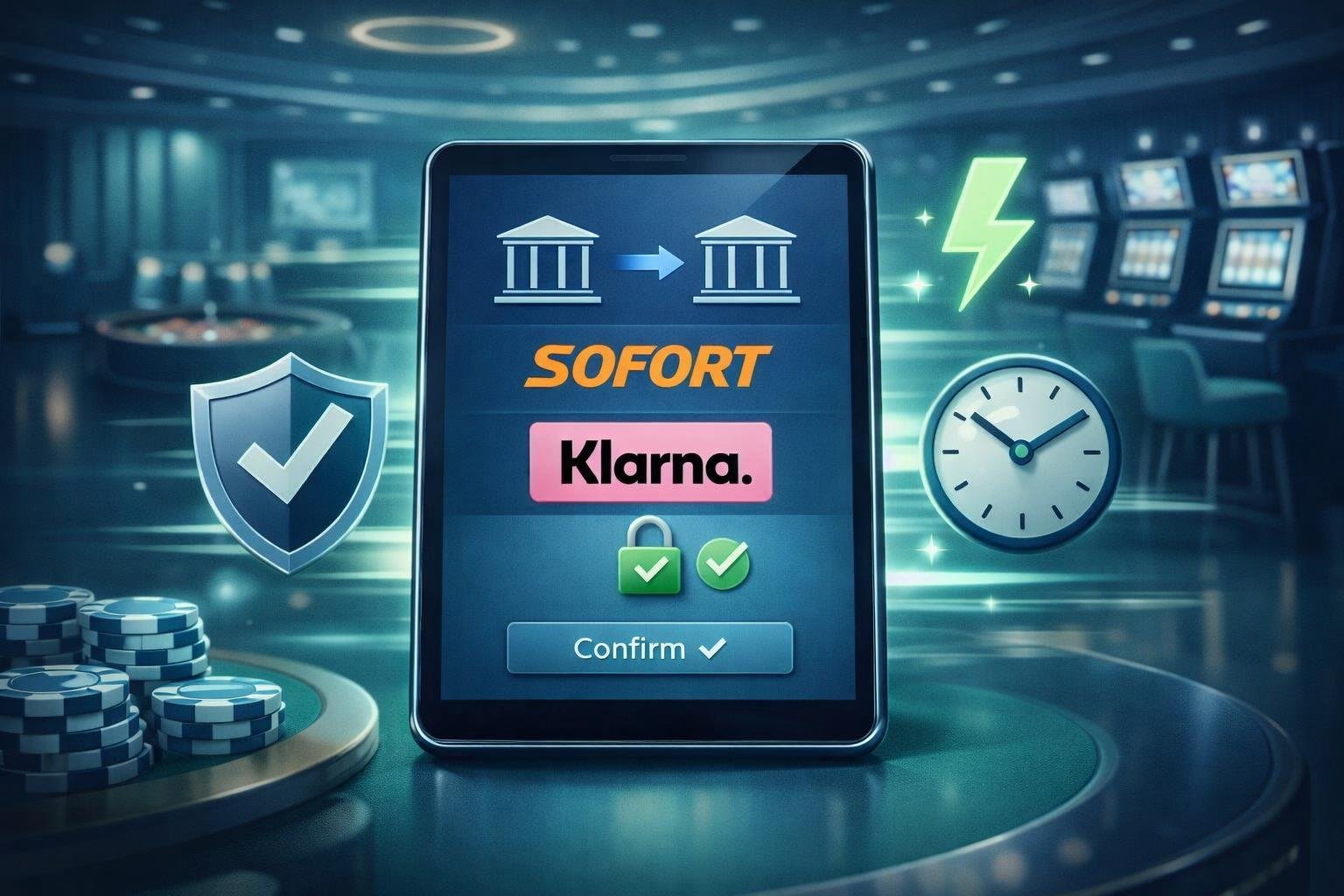 A Modern Casino Scene With A Smartphone Displaying A Secure Digital Payment Interface, Surrounded By Symbols Representing Speed, Security, And Convenience.